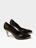 Load image into Gallery viewer, Stuart Weitzman Brown+Gold Heels, 7.5
